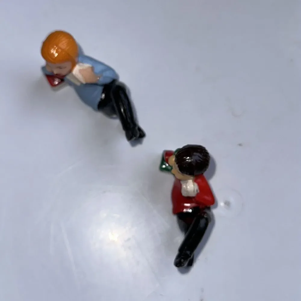 Two Vtg mid century‎ hard plastic male figures talking on the phone cake toppers